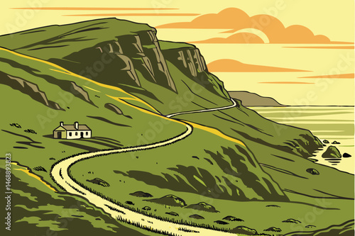 143 dramatic landscape, rolling green hills, rocky coastal cliffs, winding road, idyllic ocean view, vibrant sunset sky, atmospheric lighting, serene natural beauty, picturesque scenery, dramatic hori