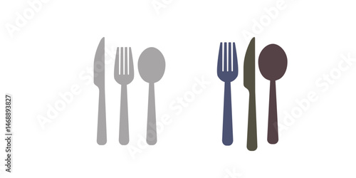 Fork, knife, spoon and plate set icons. Tableware set flat style. Dinnerservice collection. Plate, fork and knife for apps and websites. Dinner service - stock vector.