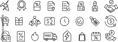 Discount and Sale Line Icon Set – Free Delivery, Coupon, Promotion, Shopping, E-commerce Outline Symbols