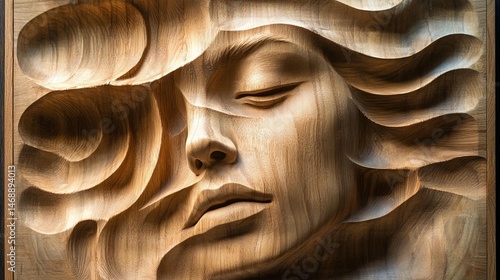 Serene Wooden Face Relief Sculpture