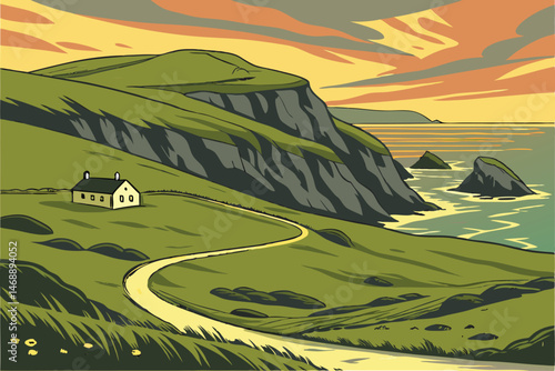 143 dramatic landscape, rolling green hills, rocky coastal cliffs, winding road, idyllic ocean view, vibrant sunset sky, atmospheric lighting, serene natural beauty, picturesque scenery, dramatic hori