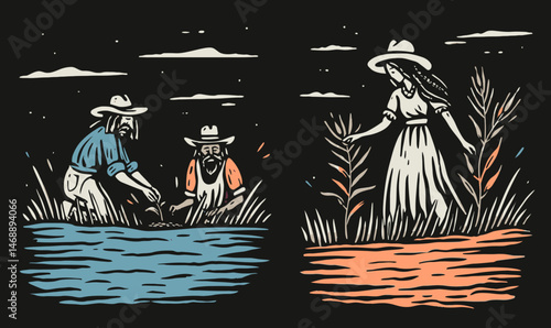 Hand-Drawing of Farmers Working in Fields Under the Moonlight