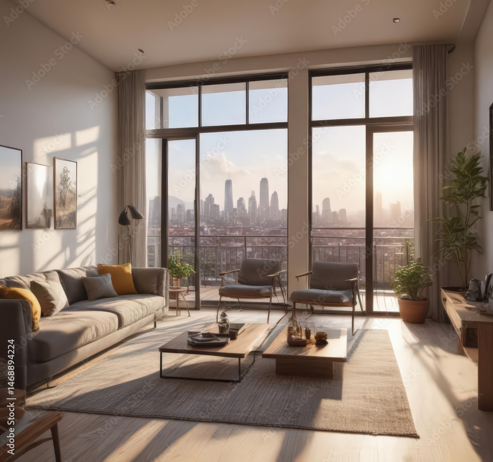 Sun-drenched modern living room with city view balcony, decor, apartment, interior Sun-drenched modern living room with city view balcony, decor, apartment, interior