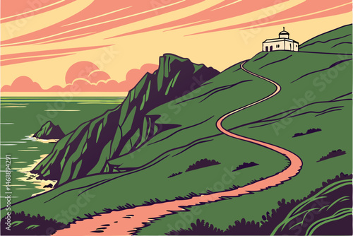 143 dramatic landscape, rolling green hills, rocky coastal cliffs, winding road, idyllic ocean view, vibrant sunset sky, atmospheric lighting, serene natural beauty, picturesque scenery, dramatic hori