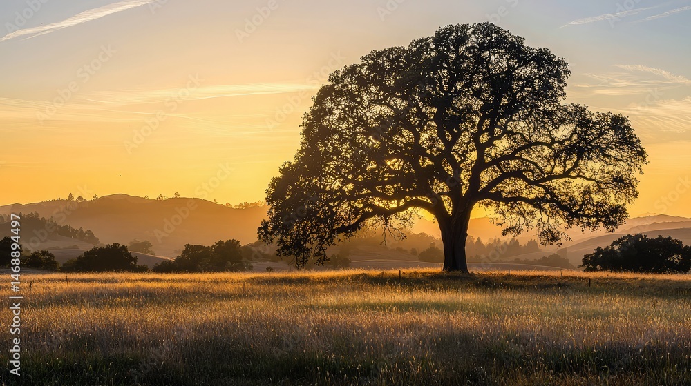 Fototapeta premium A serene sunset with gentle golden light spilling over a quiet meadow, highlighting a majestic tree standing at its heart.