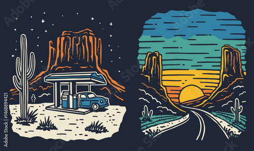 Doodle of Desert Landscape with Gas Station and Sunset View