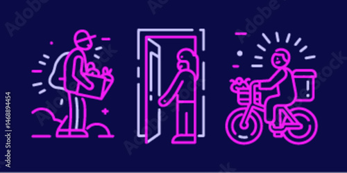 Monoline Flat Icon of Delivery Person, Customer, and Door Concept