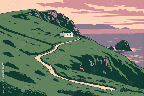 143 dramatic landscape, rolling green hills, rocky coastal cliffs, winding road, idyllic ocean view, vibrant sunset sky, atmospheric lighting, serene natural beauty, picturesque scenery, dramatic hori