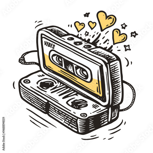 Vintage Hand Drawn Illustration of a Retro Cassette Tape with Hearts