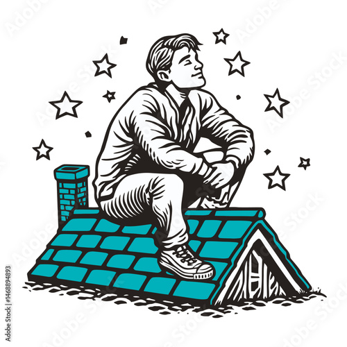 Young Man Sitting on Roof Gazing at Stars in Hand-Drawn Illustration