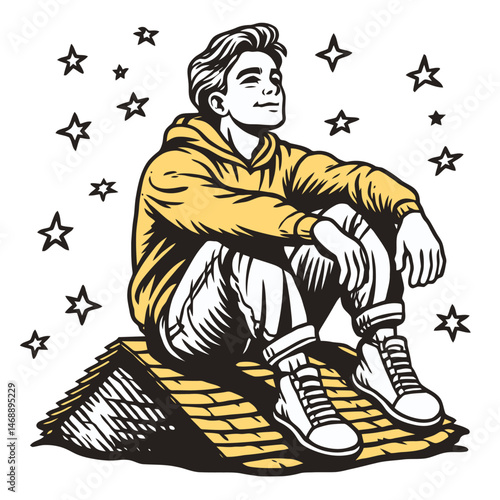 Young Man in Hoodie Sitting on Roof Surrounded by Stars Illustration