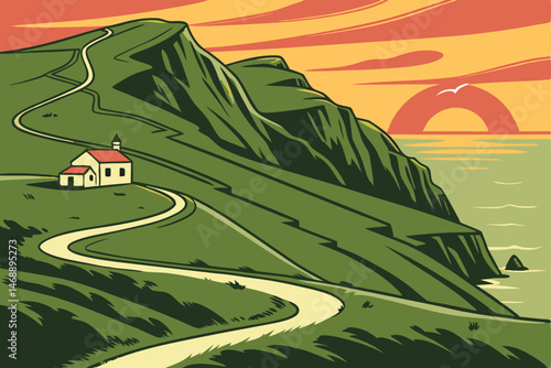 143 dramatic landscape, rolling green hills, rocky coastal cliffs, winding road, idyllic ocean view, vibrant sunset sky, atmospheric lighting, serene natural beauty, picturesque scenery, dramatic hori