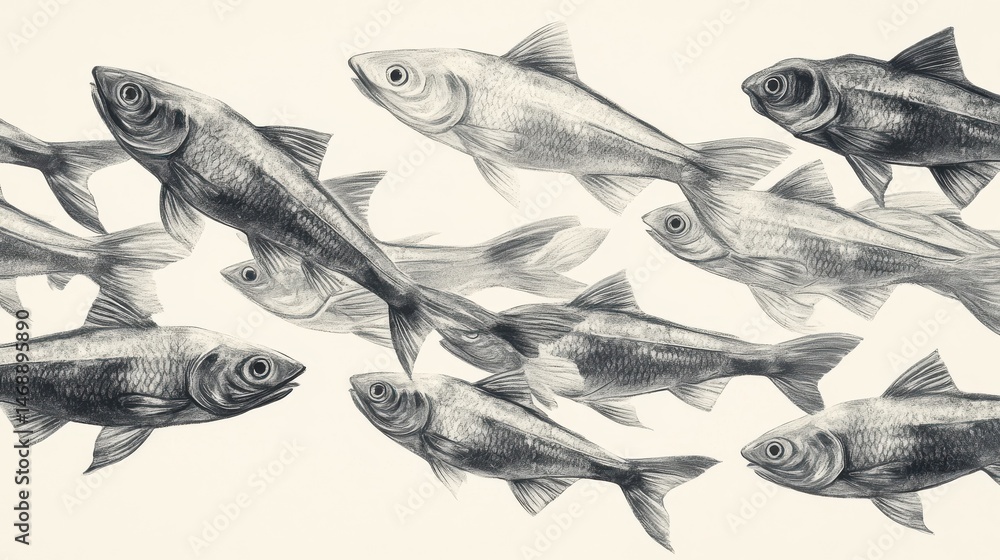Illustration of a school of gray fishes illustration , no logos, no brands Illustration of a school of gray fishes illustration , no logos, no brands