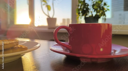 A red cup with a plate of cookies on the office table at sunrise