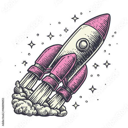 Vintage Hand Drawn Rocket Launch Illustration with Stars and Smoke