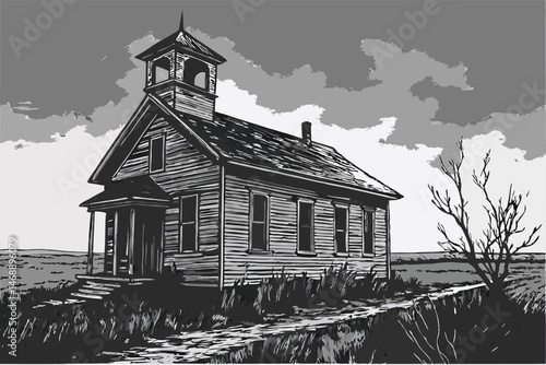 144 old abandoned school house, weathered wooden structure, dilapidated roof, overgrown field, desolate landscape, dramatic cloudy sky, moody gray tones, high contrast black and white, photorealistic,