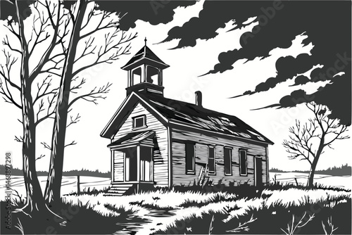 144 old abandoned school house, weathered wooden structure, dilapidated roof, overgrown field, desolate landscape, dramatic cloudy sky, moody gray tones, high contrast black and white, photorealistic,
