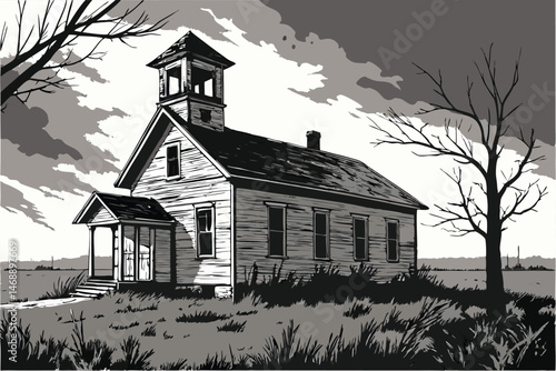 144 old abandoned school house, weathered wooden structure, dilapidated roof, overgrown field, desolate landscape, dramatic cloudy sky, moody gray tones, high contrast black and white, photorealistic,