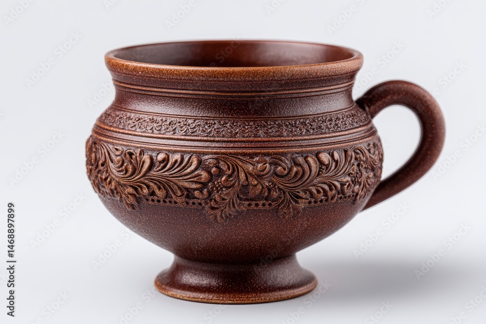 Ornate Brown Clay Mug: Rustic Elegance in Pottery Ornate Brown Clay Mug: Rustic Elegance in Pottery