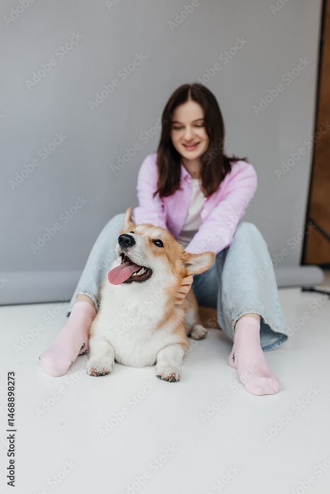 Woman in jeans sitting on the floor and playing with a corgi dog. Cute brunette woman in a white t-shirt and jeans hugging a corgi on a white background. Love for animals. woman holding a corgi dog.