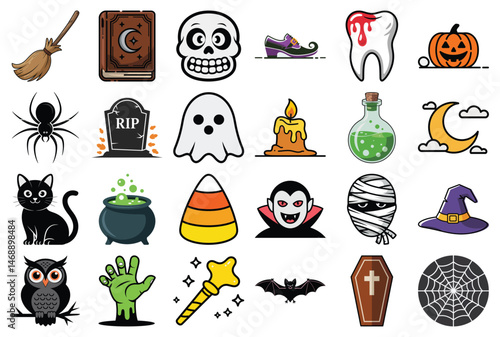 Cute cartoon halloween elements collection spooky witchcraft symbols and holiday icons in vector format