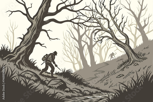 145 detailed dark fantasy zombie apocalypse scene, desolate overgrown forest, decaying mutant humanoid creatures, twisted weathered dead trees, moody atmospheric lighting, dramatic cinematic compositi