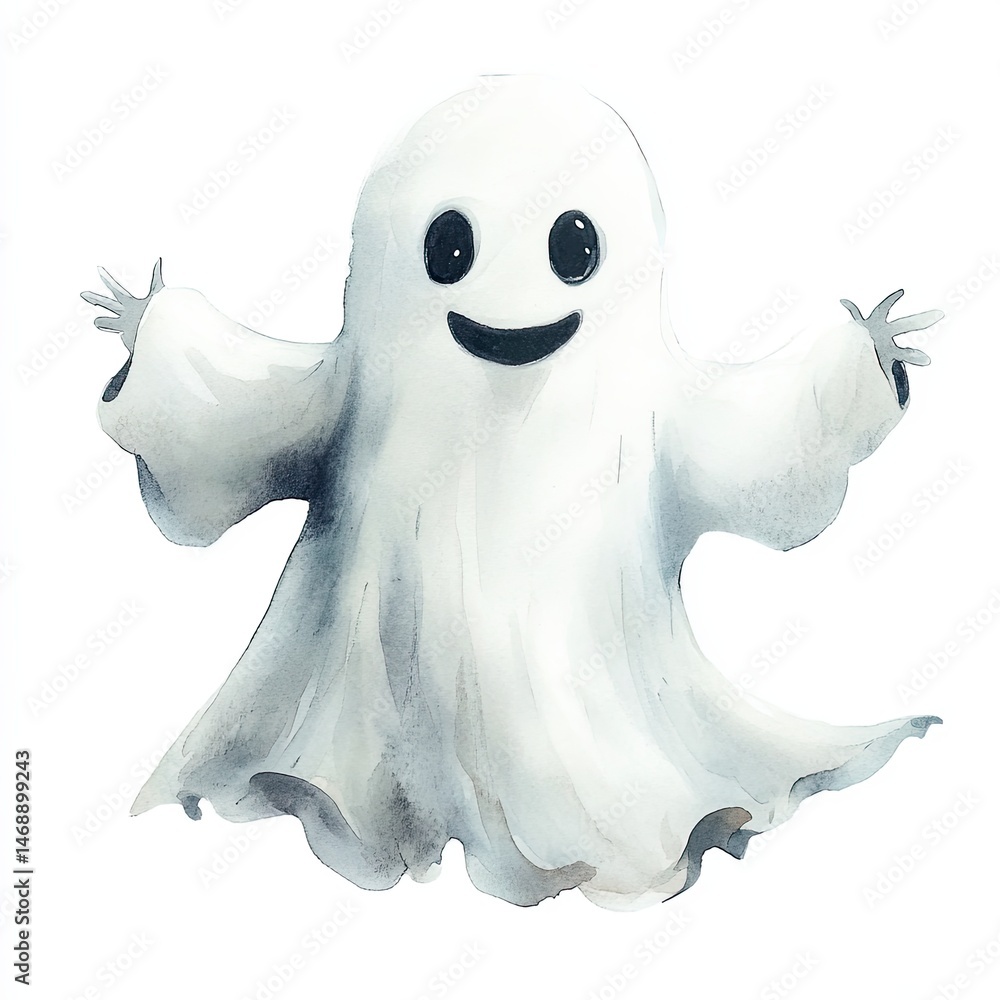 Cute cartoon ghost with cheerful expression waving, perfect for Halloween-themed decorations or events Cute cartoon ghost with cheerful expression waving, perfect for Halloween-themed decorations or events