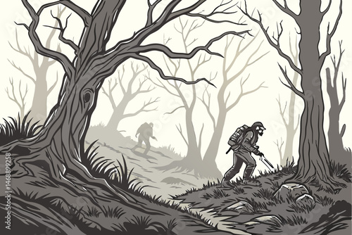 145 detailed dark fantasy zombie apocalypse scene, desolate overgrown forest, decaying mutant humanoid creatures, twisted weathered dead trees, moody atmospheric lighting, dramatic cinematic compositi