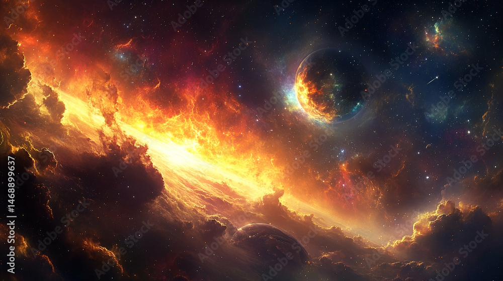 Obraz premium Fiery cosmic landscape with celestial bodies.