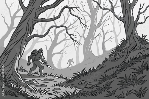 145 detailed dark fantasy zombie apocalypse scene, desolate overgrown forest, decaying mutant humanoid creatures, twisted weathered dead trees, moody atmospheric lighting, dramatic cinematic compositi