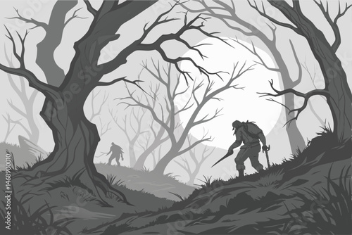 145 detailed dark fantasy zombie apocalypse scene, desolate overgrown forest, decaying mutant humanoid creatures, twisted weathered dead trees, moody atmospheric lighting, dramatic cinematic compositi