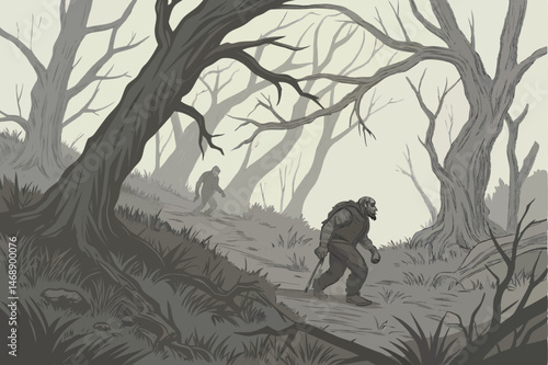 145 detailed dark fantasy zombie apocalypse scene, desolate overgrown forest, decaying mutant humanoid creatures, twisted weathered dead trees, moody atmospheric lighting, dramatic cinematic compositi