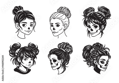 Messy Bun Girl Skull Silhouette Vector Set