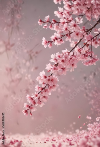 Delicate pink sakura petals drift on a soft-focus background  ,  cherry,  bloom