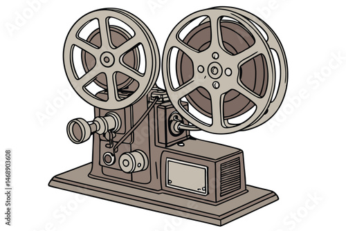 147 old movie projector, vintage, mechanical, film reels, wood and metal, detailed, high resolution, 8K