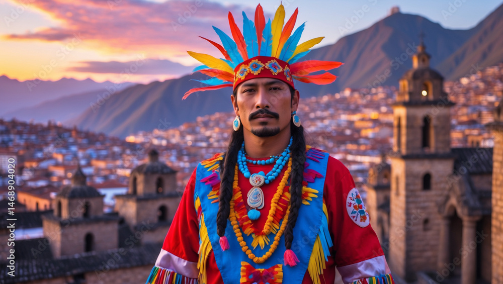 Fototapeta premium Inti Raymi Festival Portrait with Cusco Cityscape at Sunset – Native-Inspired Traditional Attire