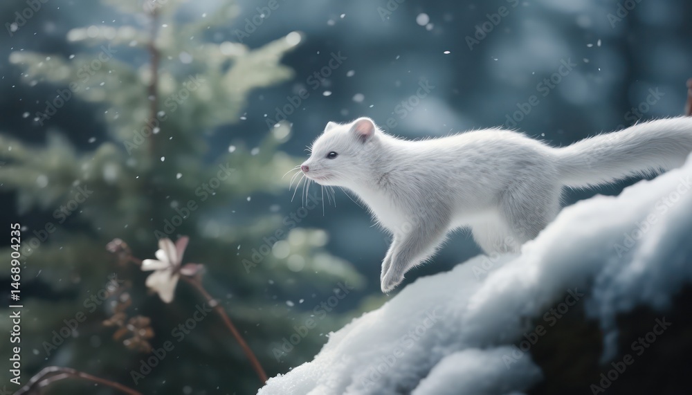 Obraz premium Snow marten running and jumping in the arctic regions green frost forest, rare animal sighting in snowy forest
