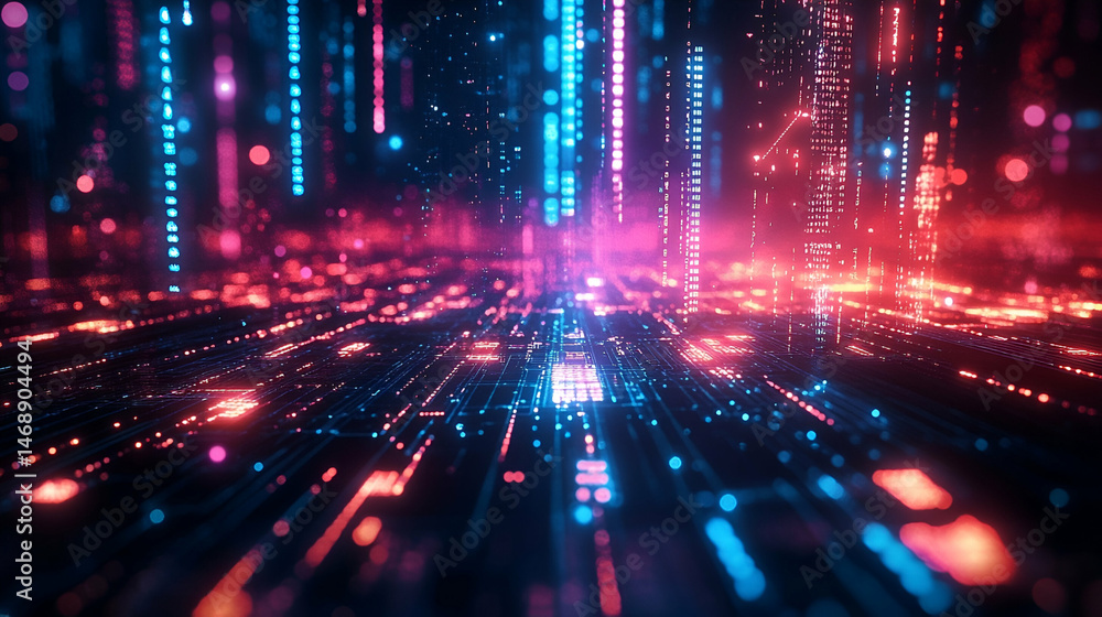 Digital network passageway with glowing code streams. Digital network passageway with glowing code streams.