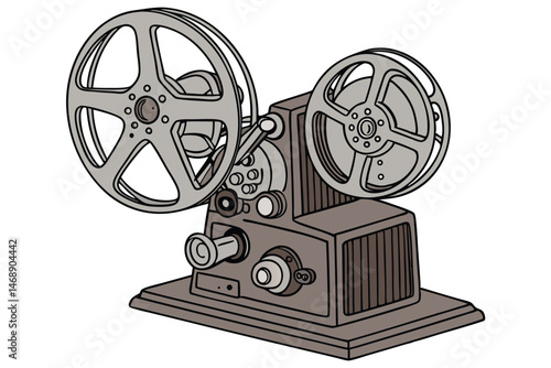 147 old movie projector, vintage, mechanical, film reels, wood and metal, detailed, high resolution, 8K