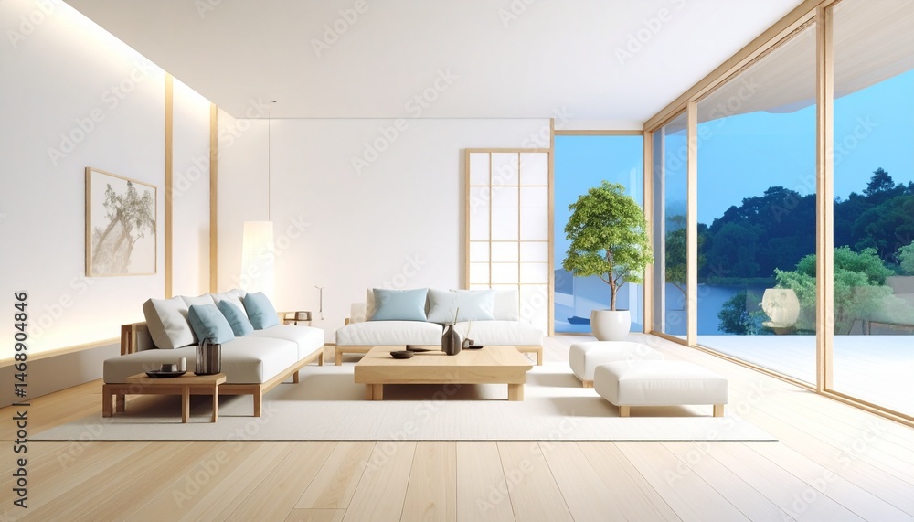 Fototapeta premium A Japanese-style luxury lounge-style space, with light wood and minimalist lighting