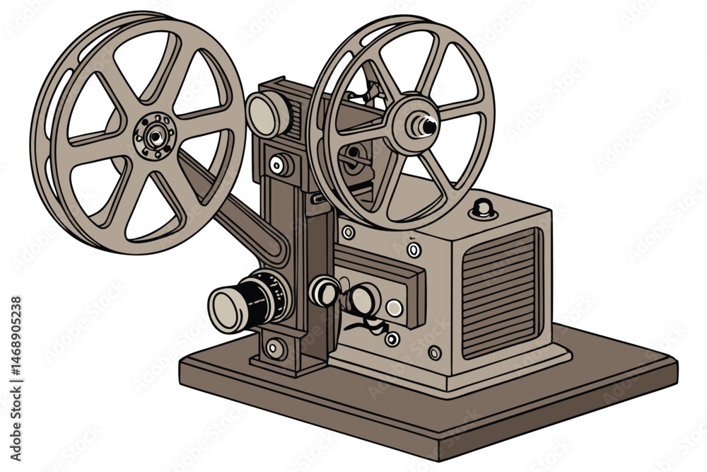 Obraz premium 147 old movie projector, vintage, mechanical, film reels, wood and metal, detailed, high resolution, 8K