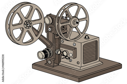 147 old movie projector, vintage, mechanical, film reels, wood and metal, detailed, high resolution, 8K