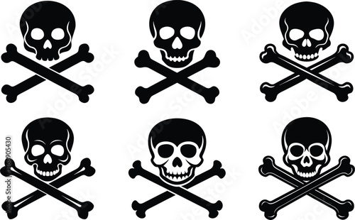 A skull and crossbones icon is a pirate symbol of death and danger, often used as a warning sign for poison or toxic substances, depicted as a black vector illustration of a skull over crossed bones, 
