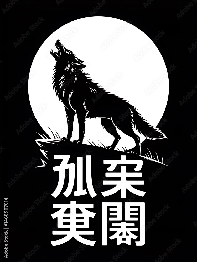 Obraz premium Monochromatic art featuring a howling wolf against a full moon with East Asian inspired script