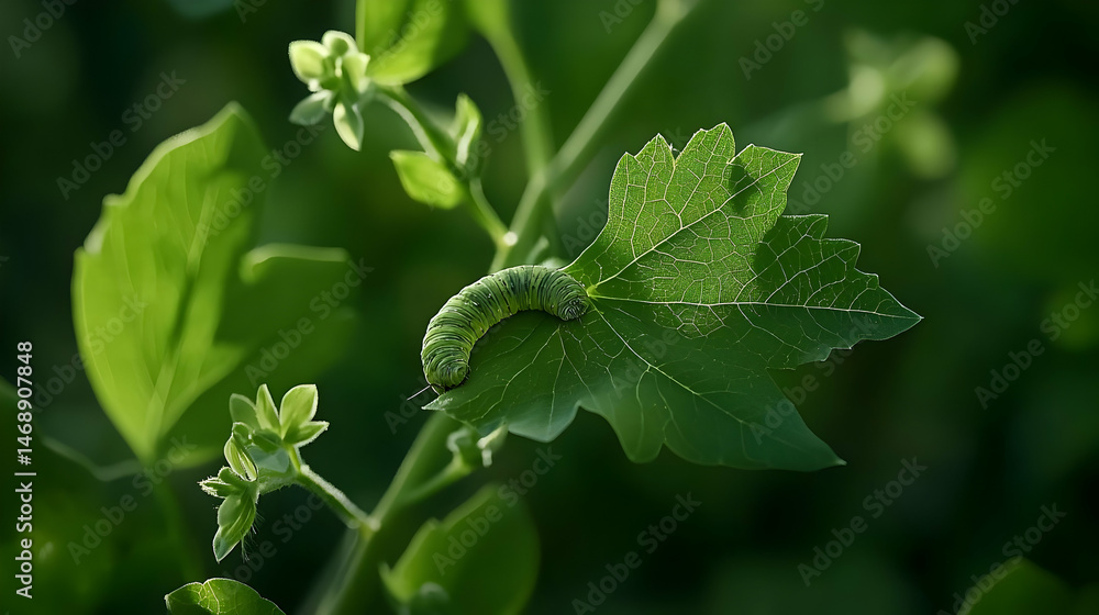 Obraz premium Green Caterpillar On Holey Leaf In Lush Greenery
