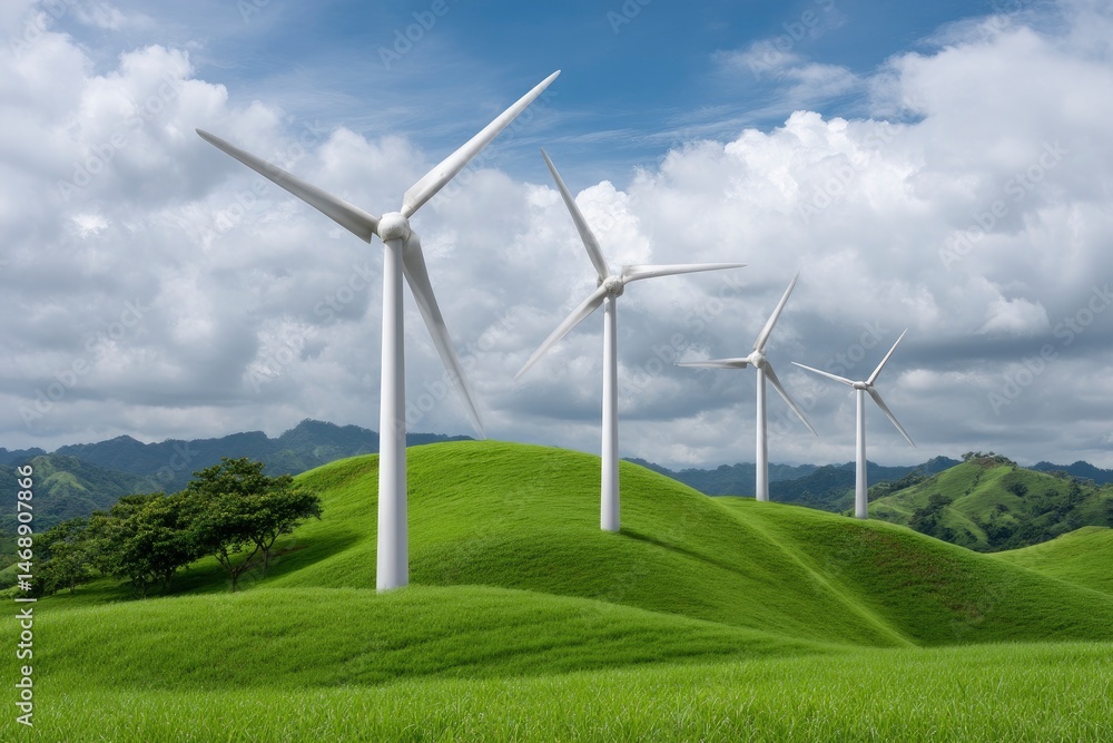 Fototapeta premium Serene Wind Turbines on Rolling Green Hills
