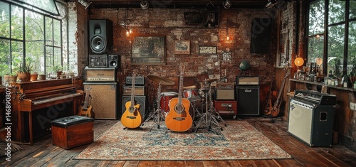 Rustic Music Studio: Guitars, Drums, and Amps in a Vintage Loft