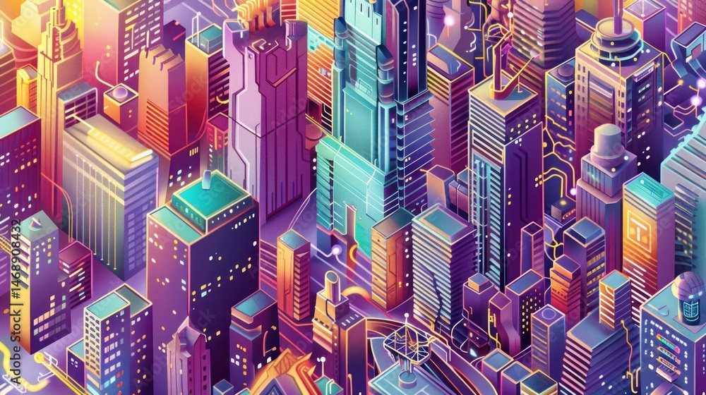 Obraz premium Futuristic cityscape, vibrant and detailed