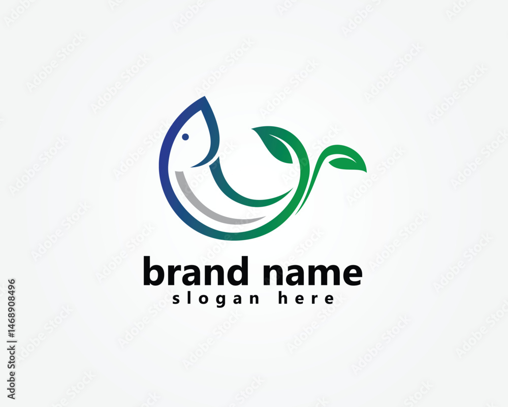 Fototapeta premium aquascape, aquatics logo, abstract striped fish with tail blending with leaves, logo design template