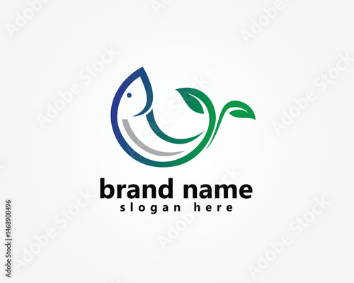 aquascape, aquatics logo, abstract striped fish with tail blending with leaves, logo design template